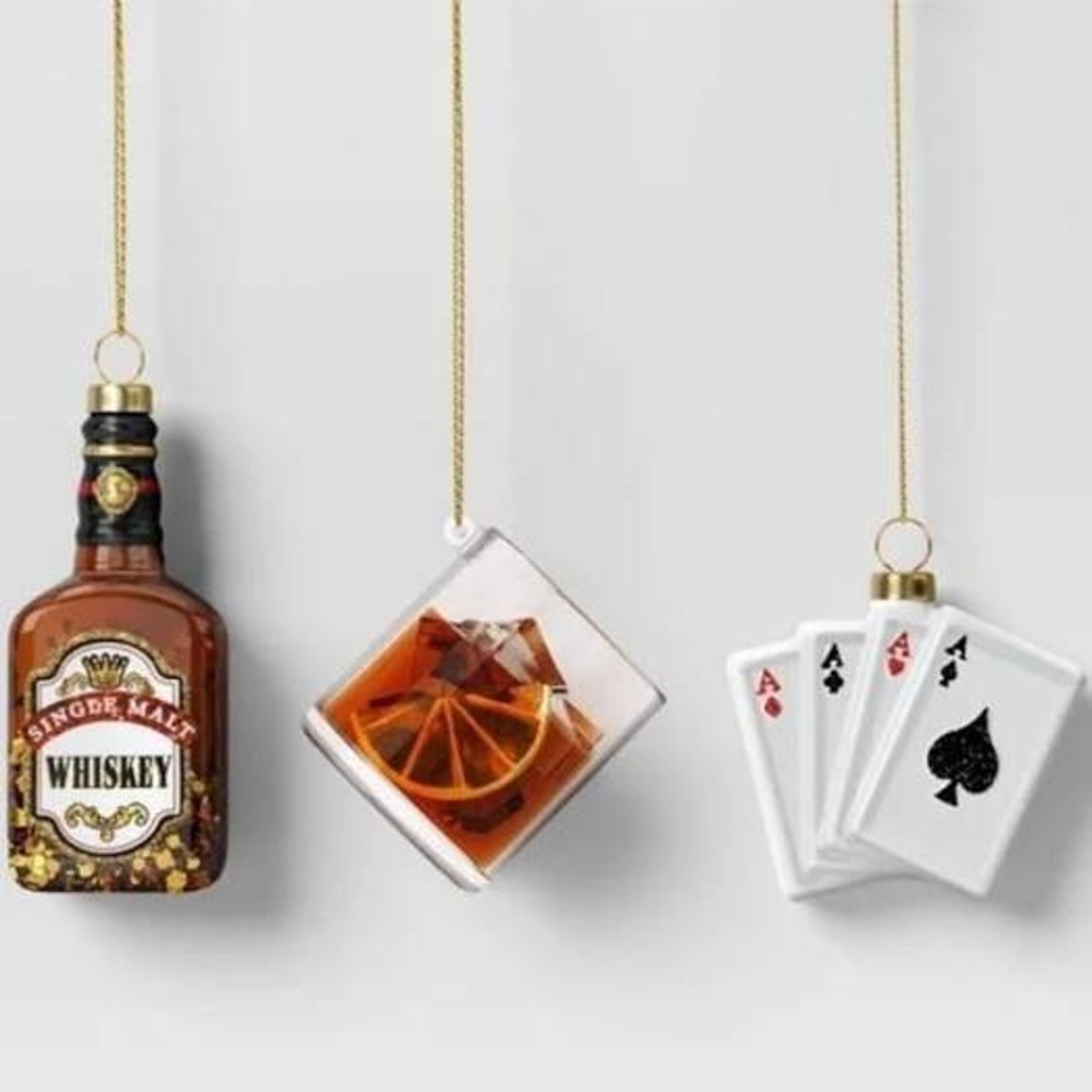 3pc Target Wondershop Glass Christmas Ornaments Whiskey Drink Playing Cards NEW